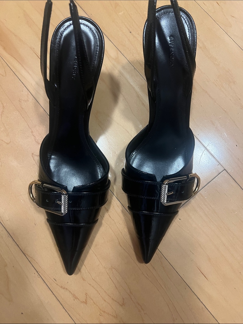 Givenchy Black Pointed Slingback Heels with Gold Buckle